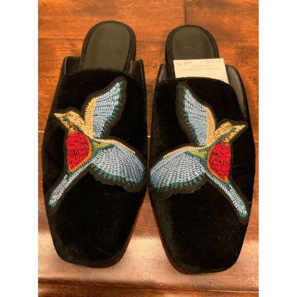 Joie Black Velvet Slide Mules W/ Embroidered Hummingbird, Size 6 (US) 36 (EUR) - Picture 1 of 8